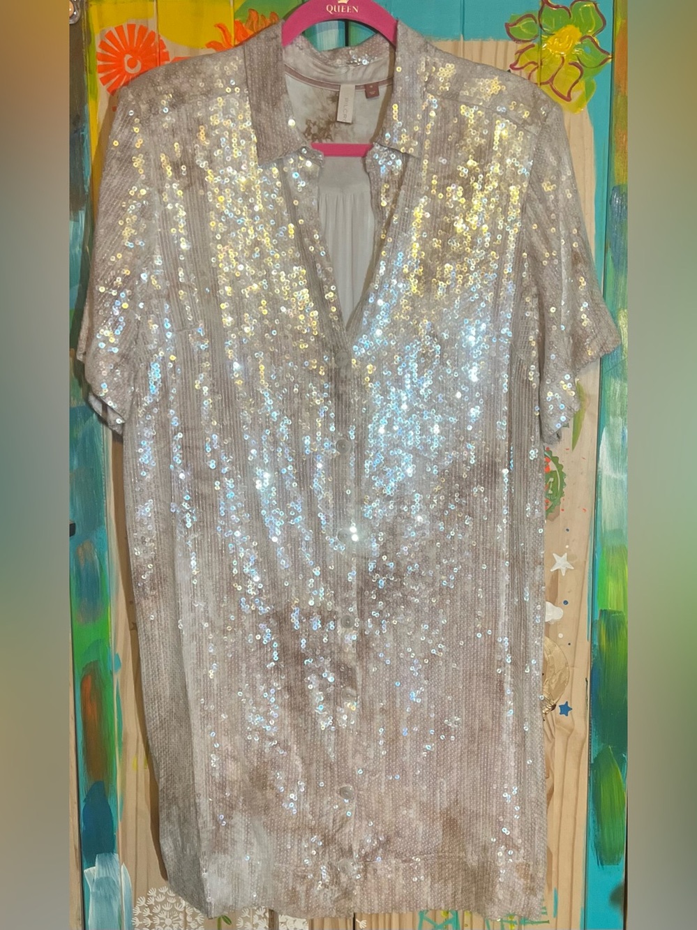 Pilcro Champagne Sequin V-Neck Short Sleeve Tunic